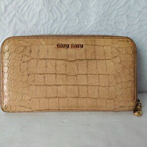 MIU MIU Crocodile-embossed Leather Zip Around Wallet Beige